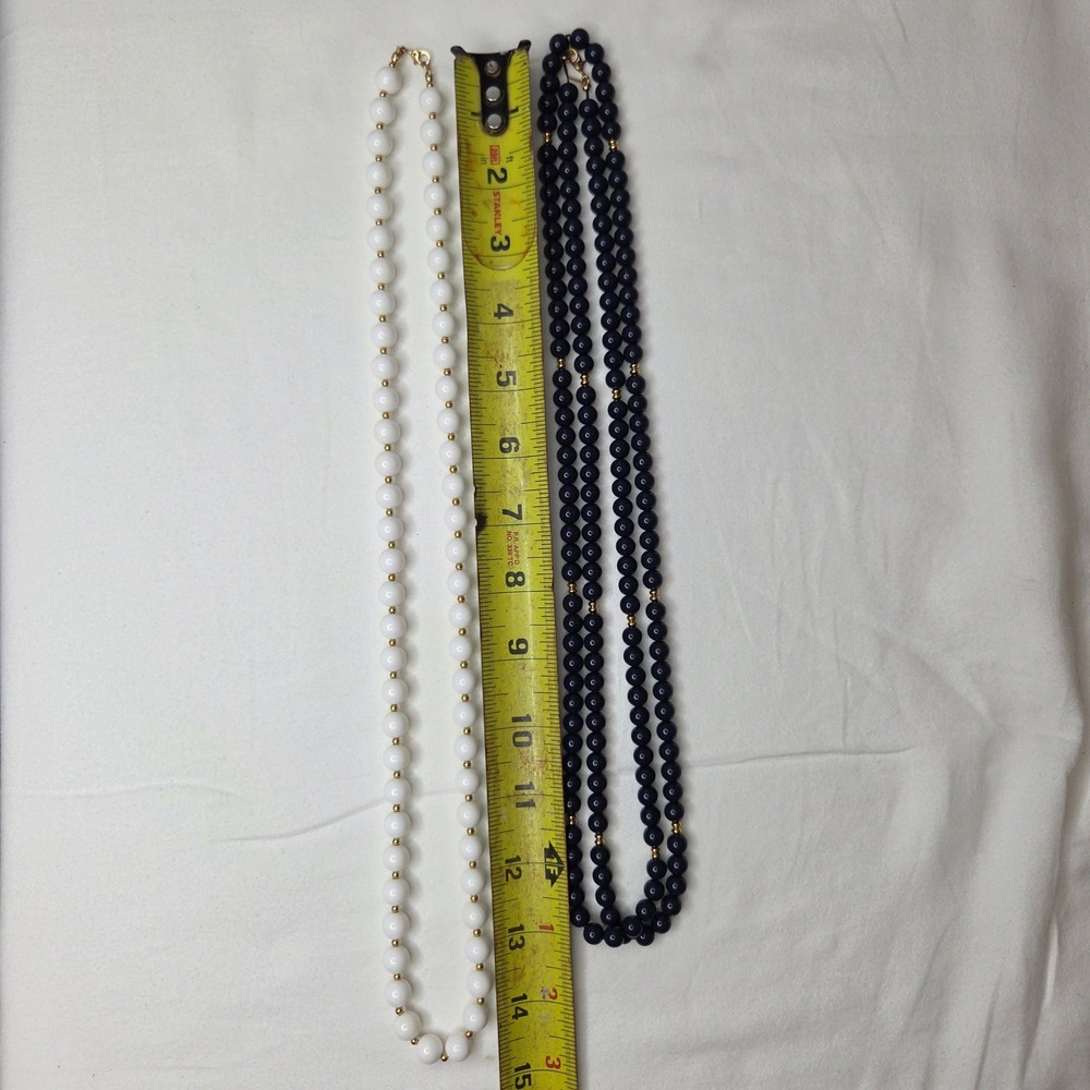 Monet Vtg Beaded Necklace Set 30" Navy Blue White Gold Tone Nautical Coastal